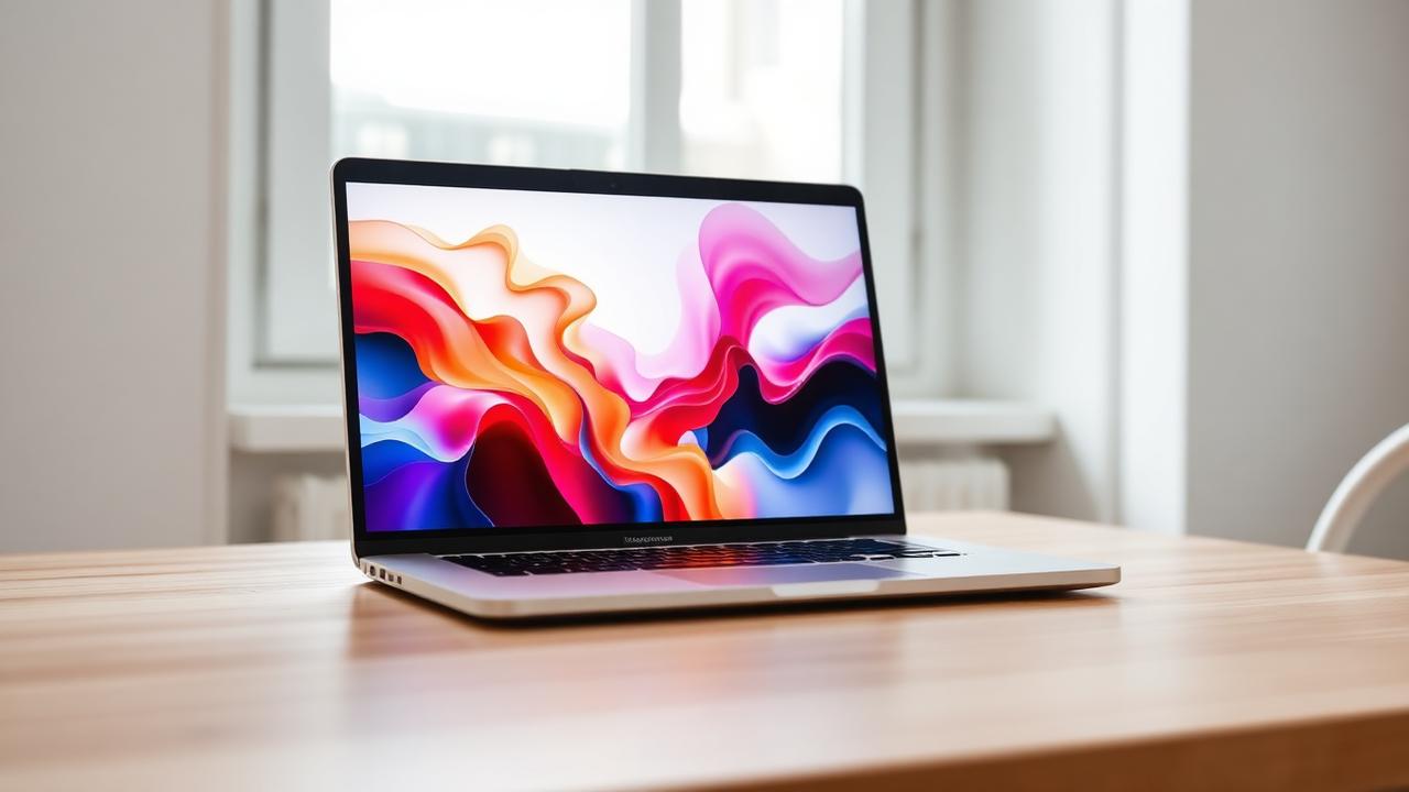 Öppen MacBook på ett ljust träbord framför ett fönster