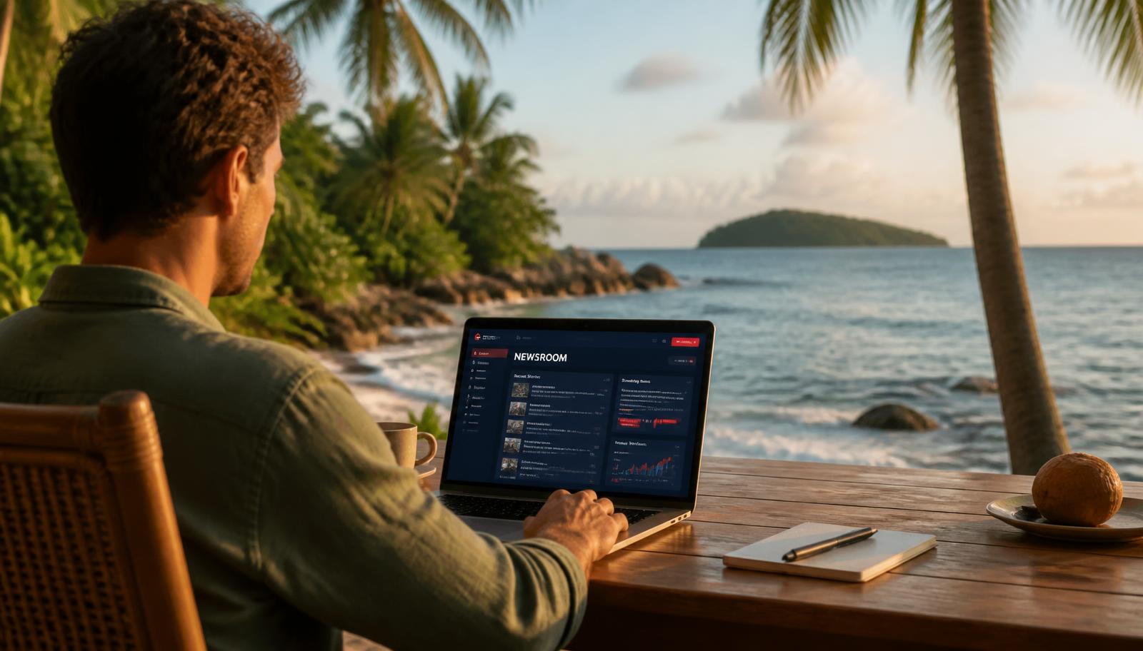 Prompt-journalist arbetar med laptop vid havet på en tropisk ö