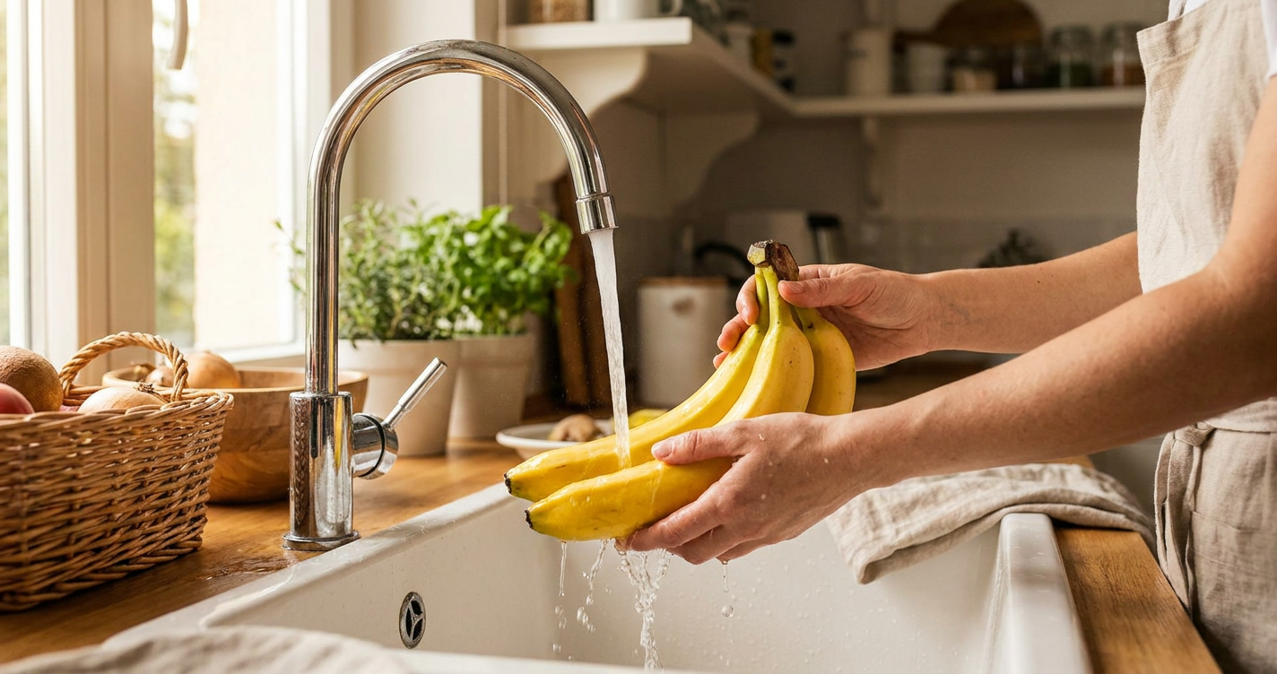 Tvättar du bananen före skalning blir ditt mellanmål helt rent