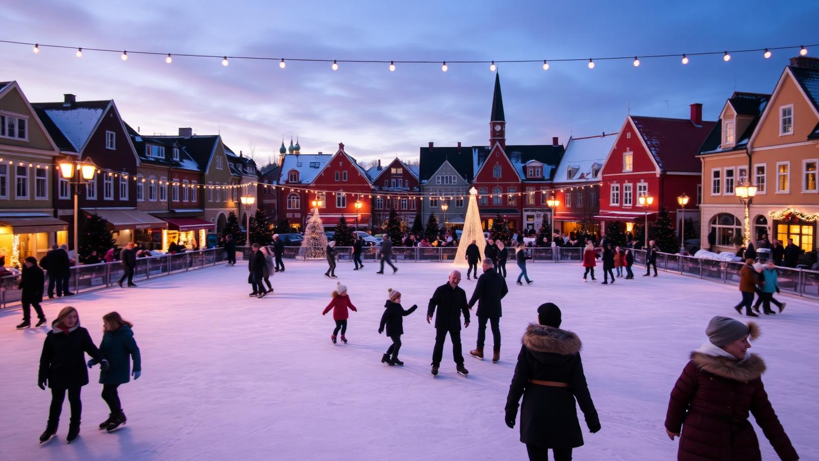 Utomhusisbana på ett svenskt torg i skymningen med ljusslingor och skridskoåkare