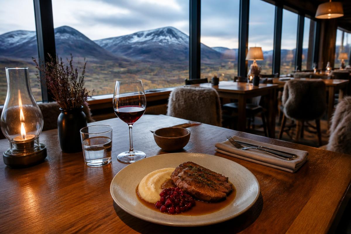 Restaurang med panoramafönster mot fjällen och en tallrik med renkött, potatispuré och lingon