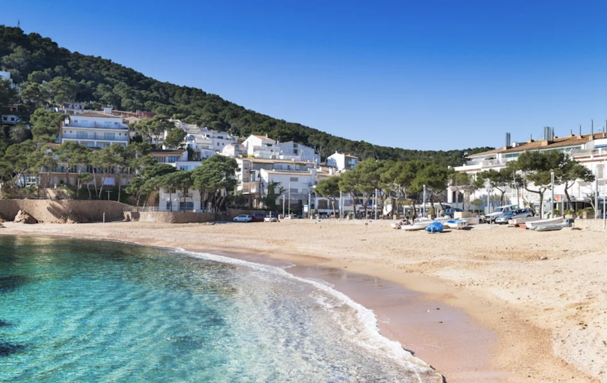 Vik på Costa Brava med turkost vatten, sandstrand och pinjeklädd kulle