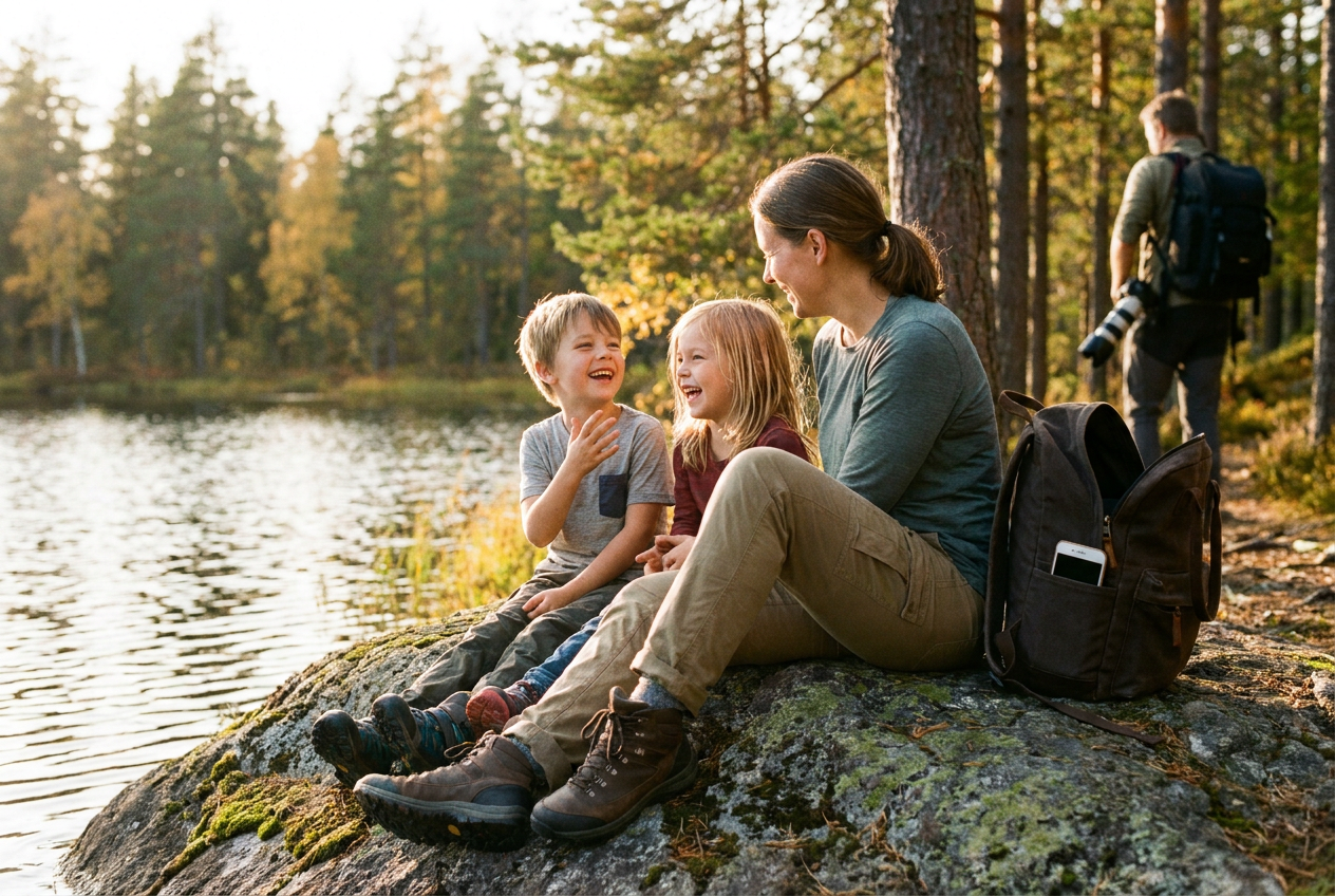 Familj som pratar vid en sjö, mobilen ligger i ryggsäcken