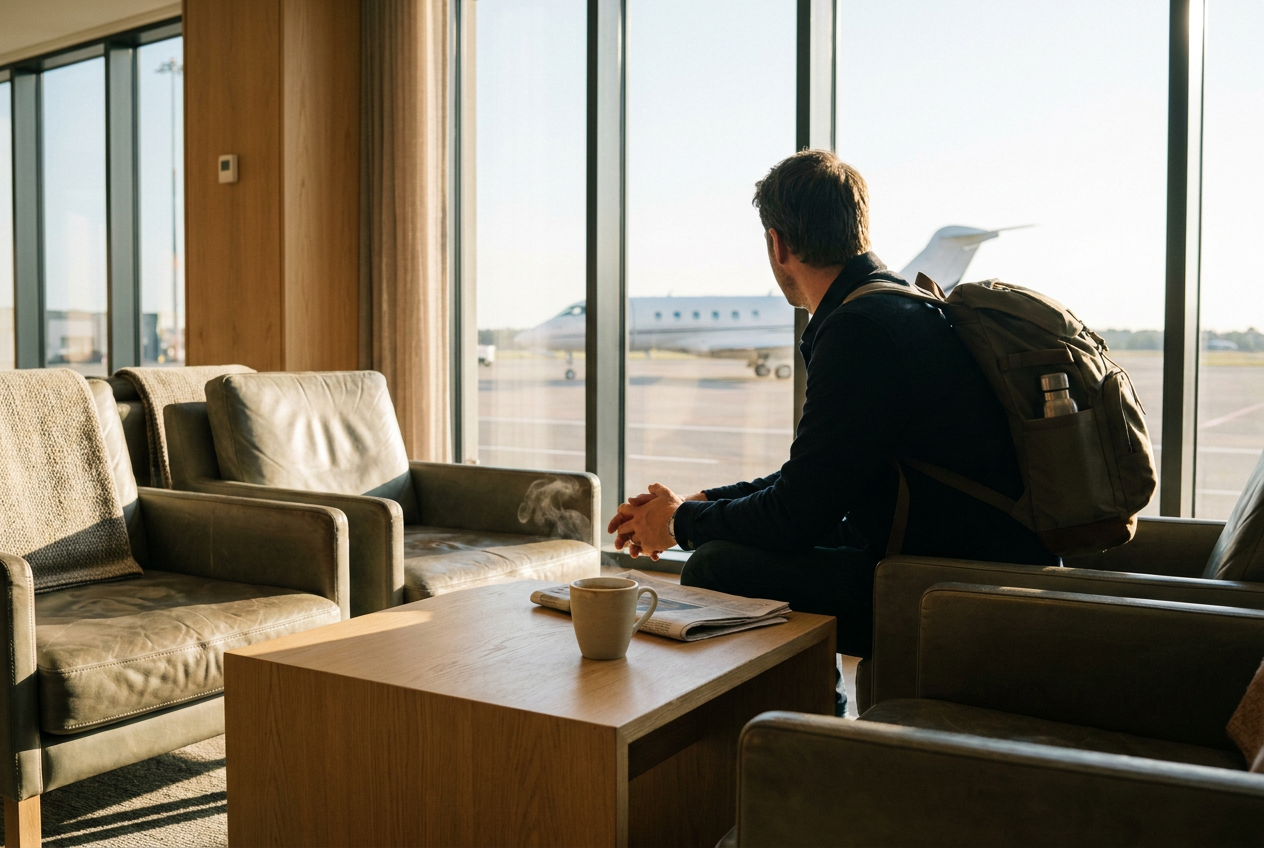 Lounge i privatjetterminalen med utsikt mot plattan