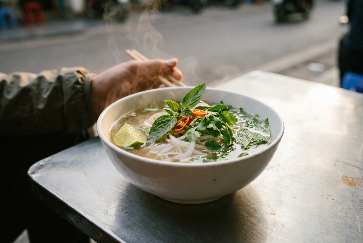 Skål med vietnamesisk pho i ett gatukök