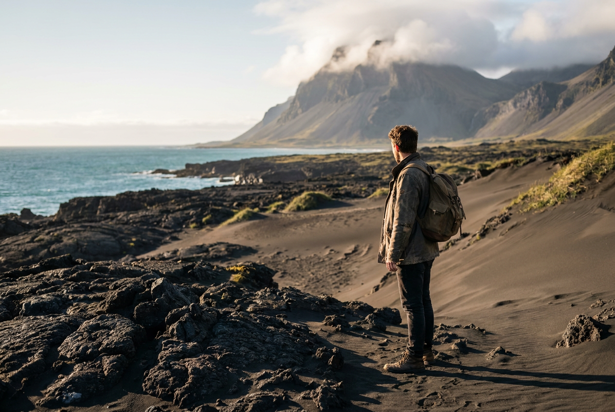 Vulkaniskt landskap med lavafält och dyner mot havet
