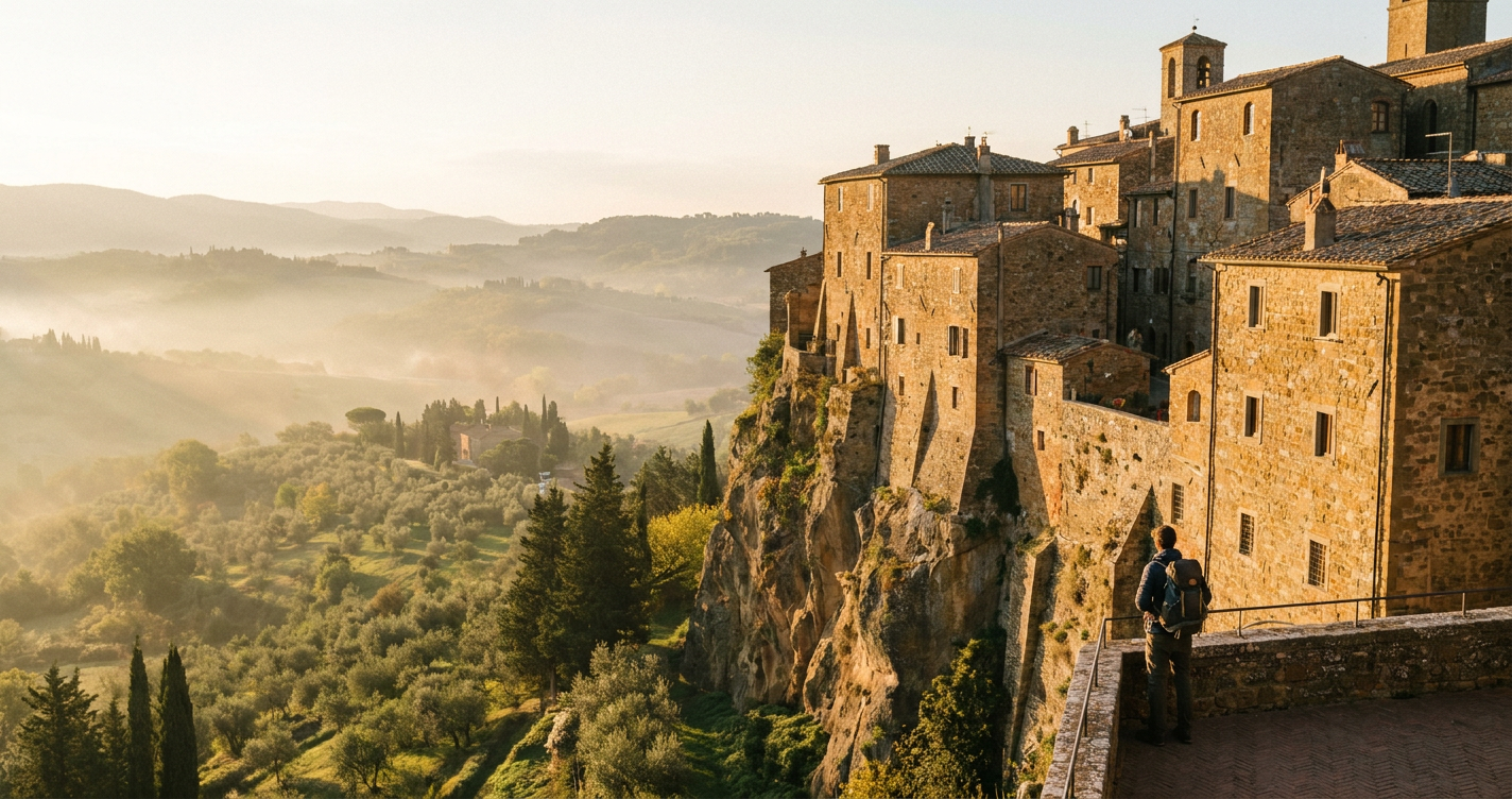 Befästningstorn på ett berg i San Marino med utsikt över det italienska landskapet