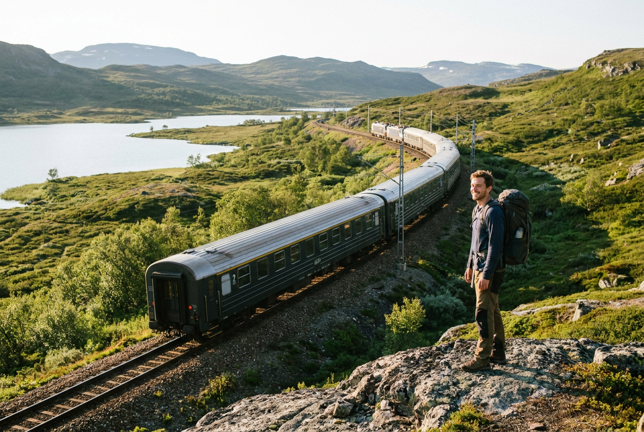 Tåg genom fjällandskapet nära gränsen
