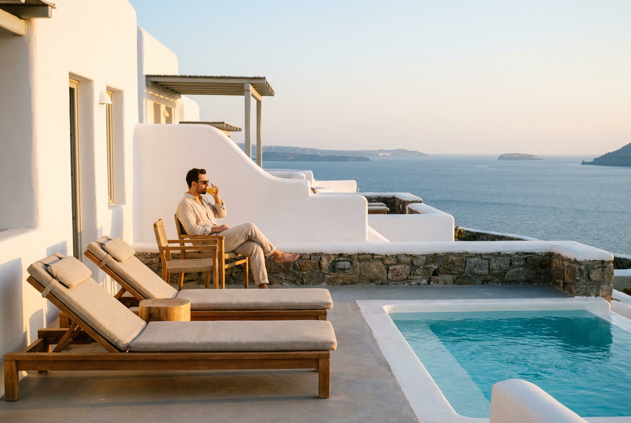 Hotellterrass med pool vid havet i eftermiddagsljus