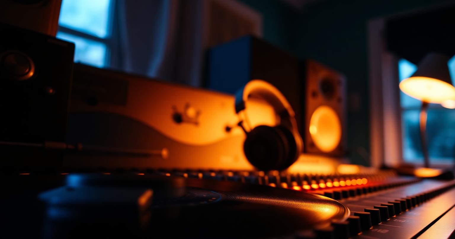 Ett dunkelt inspelningsrum med mixerbord, hörlurar och vinyl i varmt lampljus