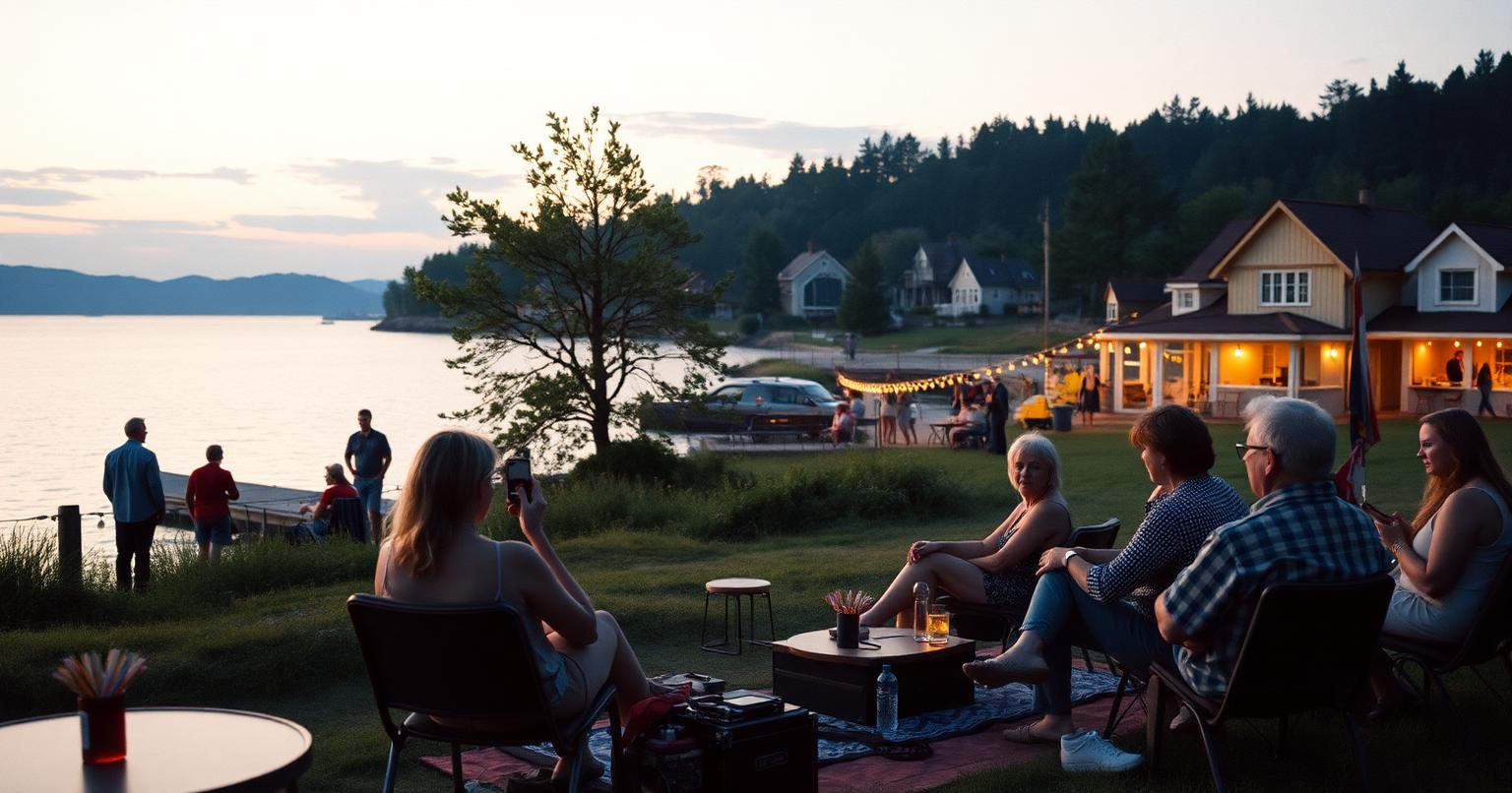 Svensk sommarkväll vid en sjö där människor lyssnar på musik i gyllene ljus