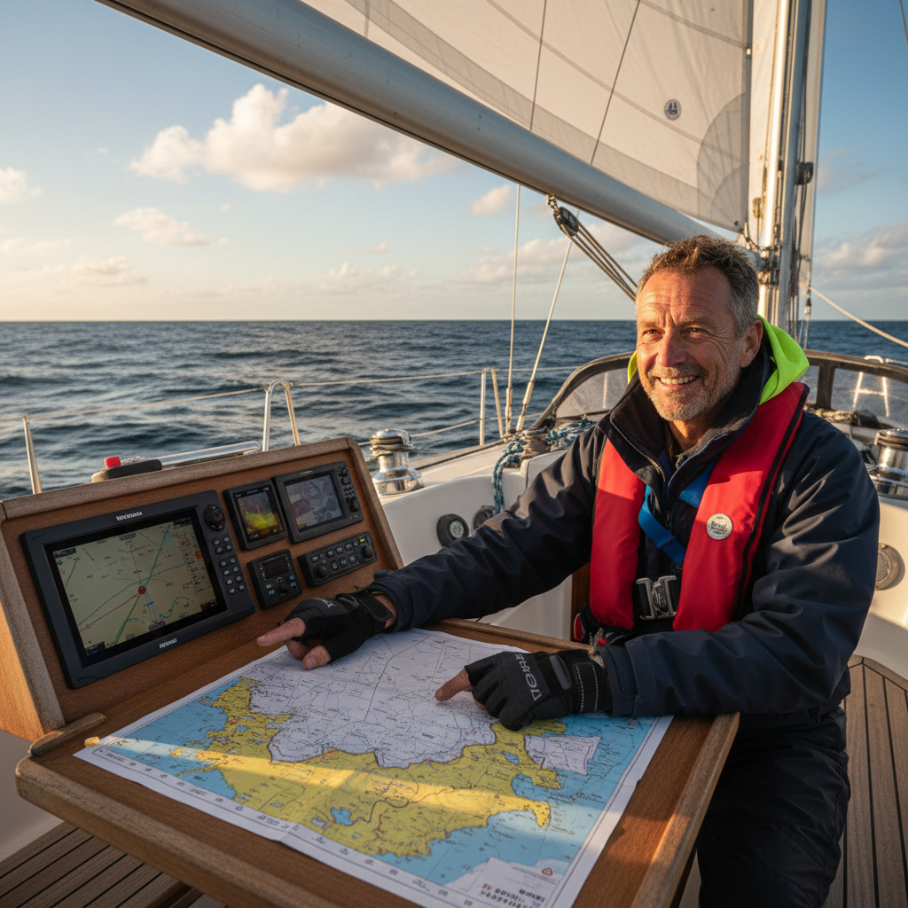 Seglare kontrollerar navigationen ombord mitt på Atlanten