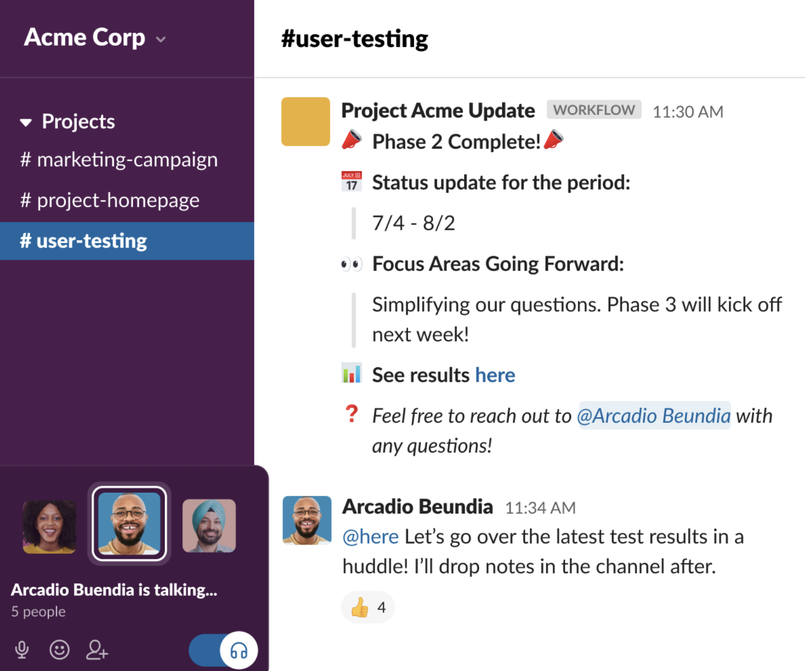 Slack-kanalen user-testing med en statusuppdatering och en pågående huddle i sidopanelen