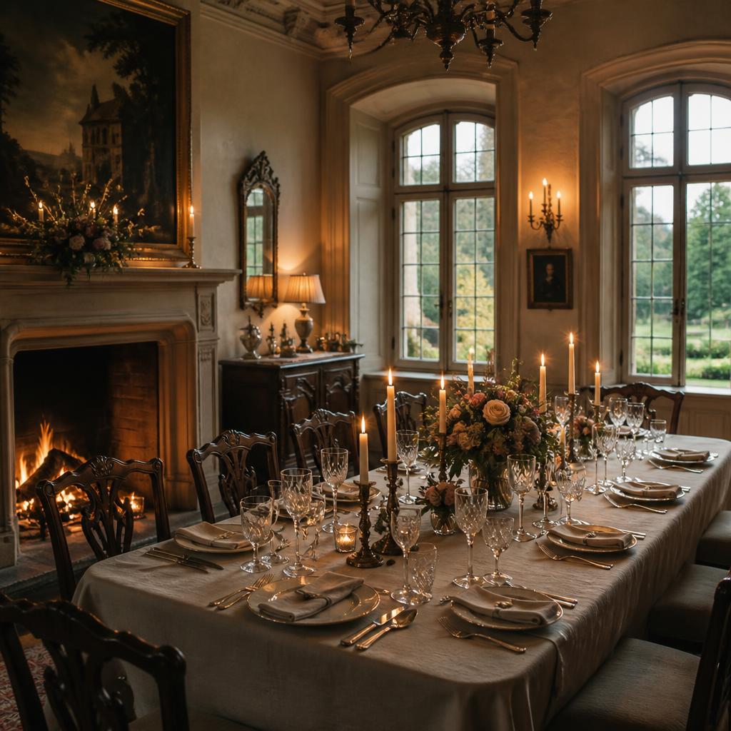 Ett vackert dukat slottssalongbord med ljus och blommor
