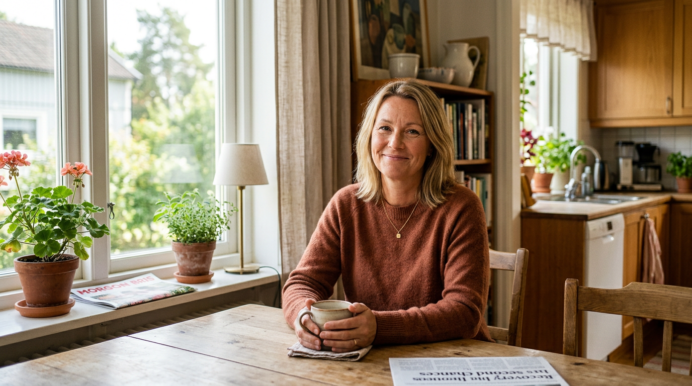 Eva ler i sitt ljusa kök med en kaffekopp i handen