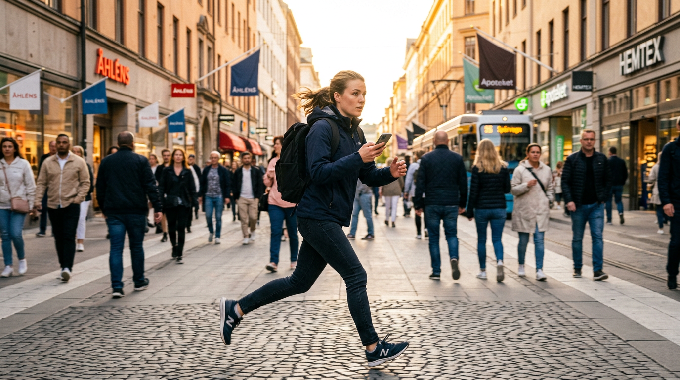 En person springer på en Stockholmsgata med mobilen i handen