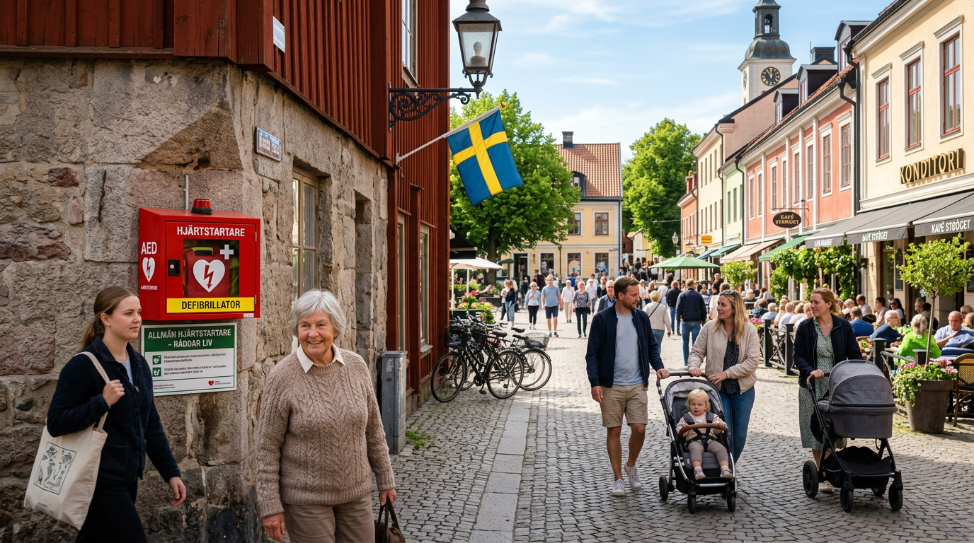 Röd hjärtstartare på väggen vid ett svenskt torg