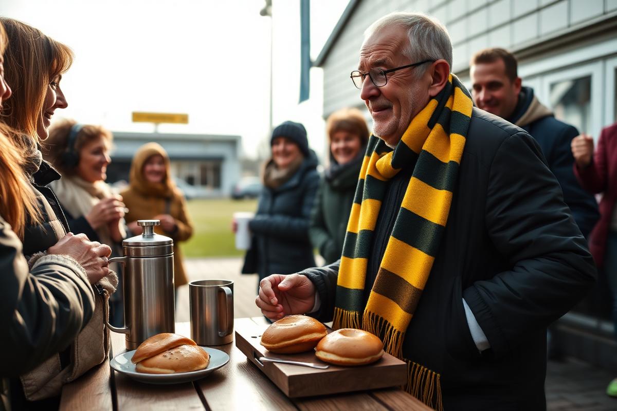 Supportrar delar kaffe och bullar utanför arenan före match