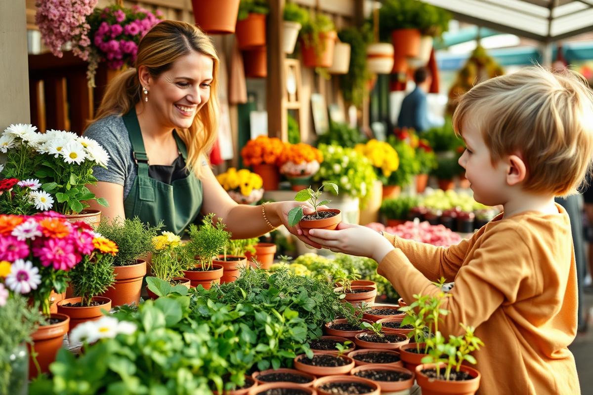 Leende trädgårdsmästare räcker över en krukad planta till ett barn vid ett stånd fullt av blommor och örter.