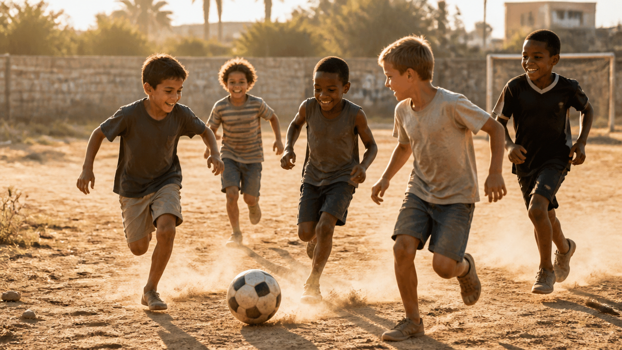 Barn spelar fotboll på solig sommardag