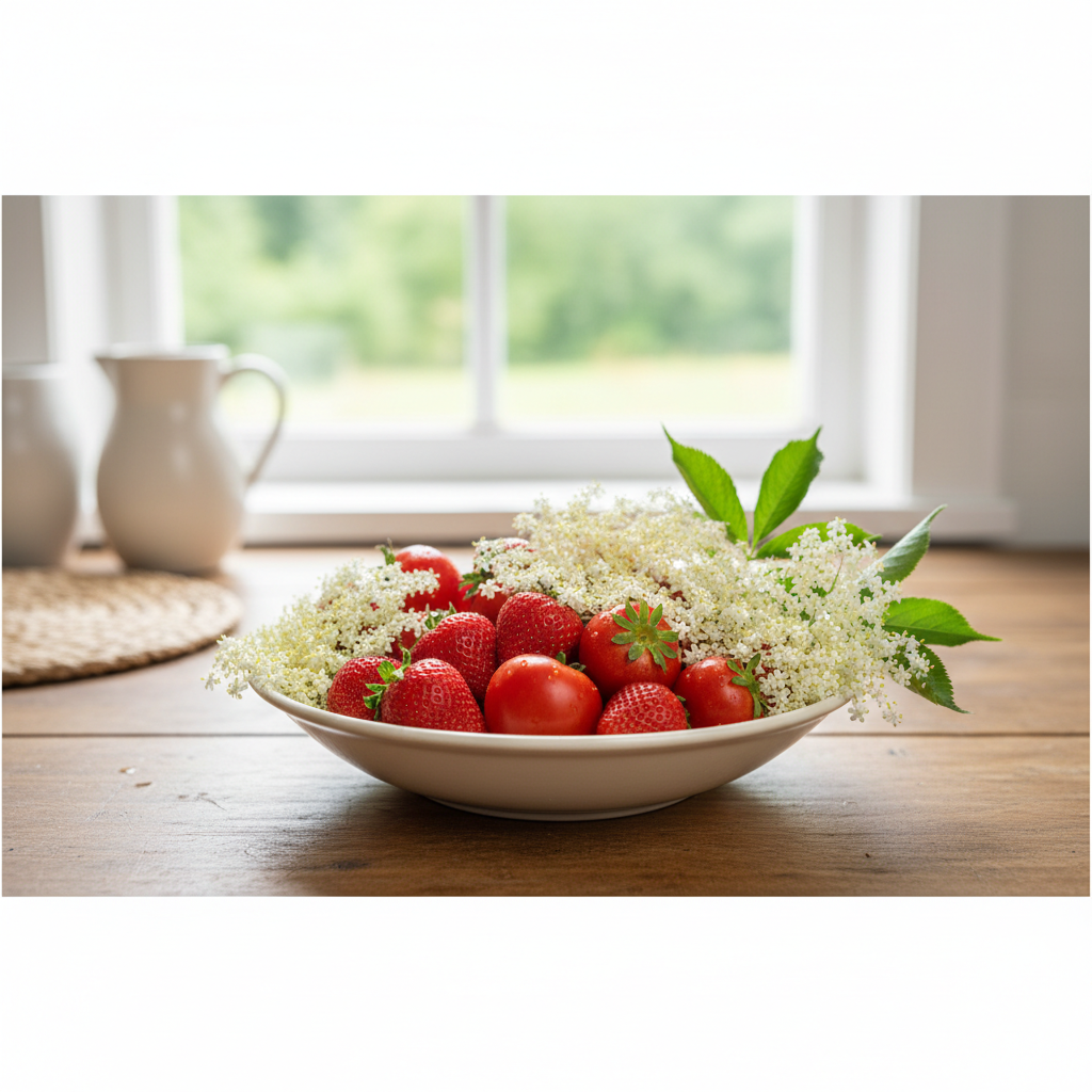 Sommarens fräschaste fusion: Krispig jordgubbs- och tomatgazpacho med fläder