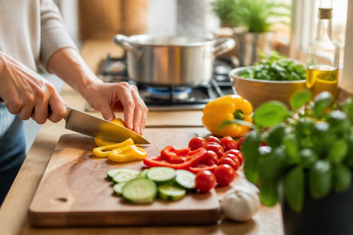 Händer hackar grönsaker i ett ljust kök för en snabb familjemiddag