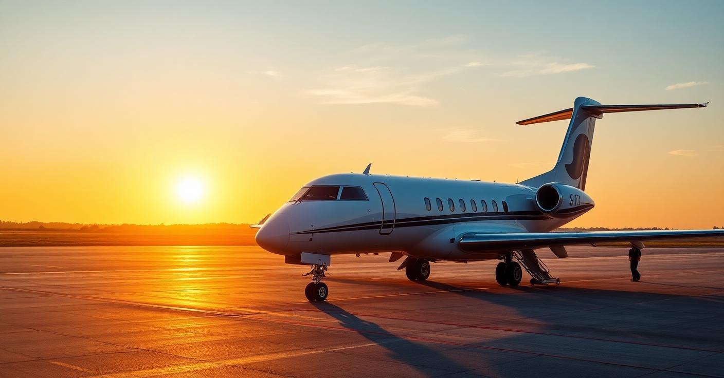 Fabriksnytt vitt affärsflygplan parkerat på en flygplats i gyllene kvällsljus