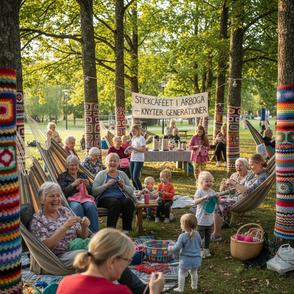 Stickcaféet tog över parklunden i Arboga: "Här knyter vi ihop generationerna"