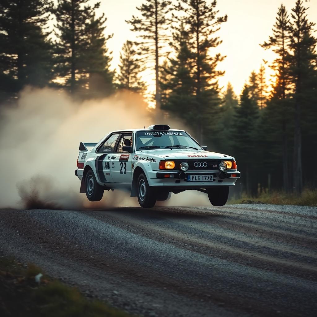 Klassisk rallybil i luften på en svensk grusspecial – bilden fångar den rå glädje som fortfarande får Stig Blomqvist att vilja tävla