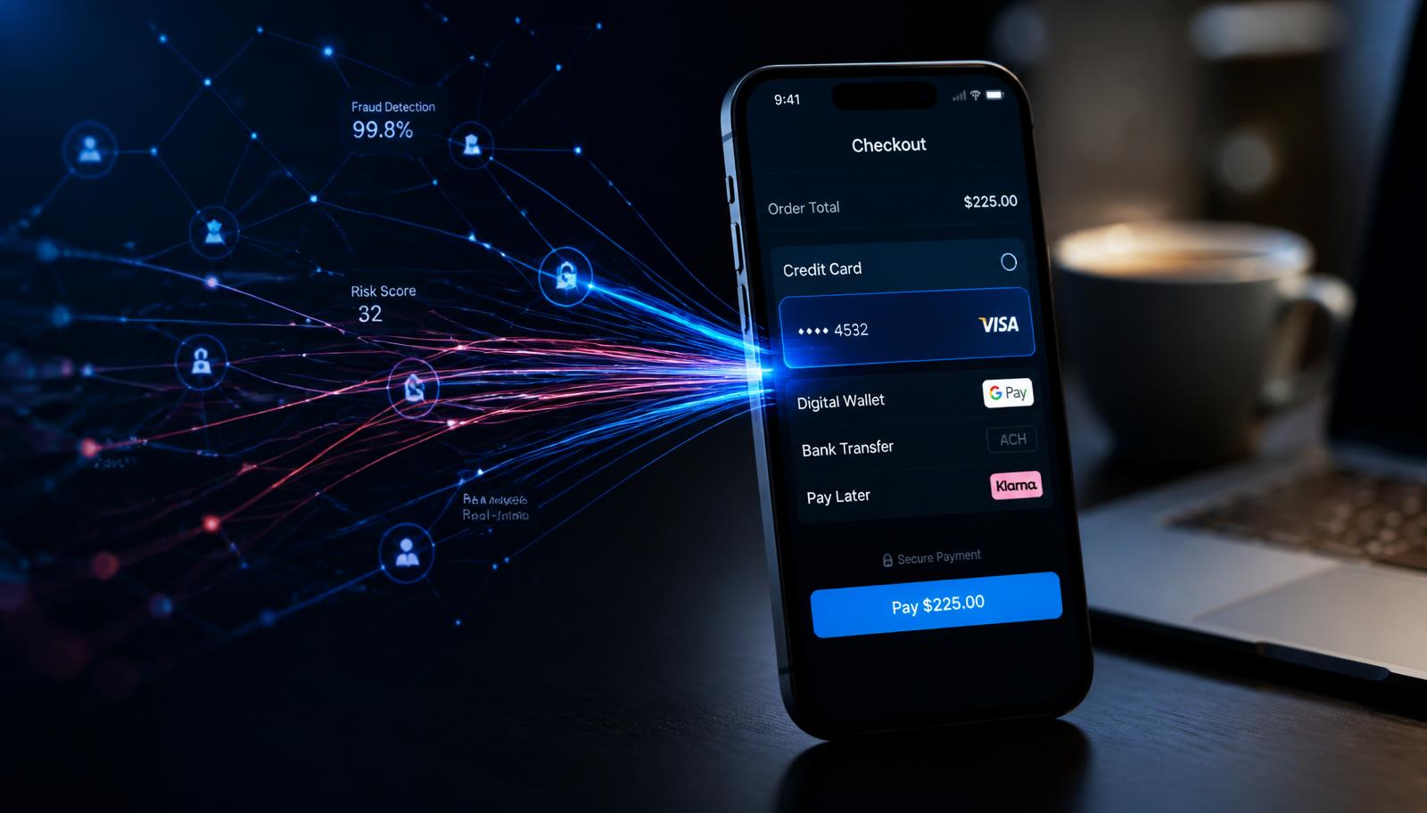 Mobil med betalningsvy och digitala dataflöden i blått och rött