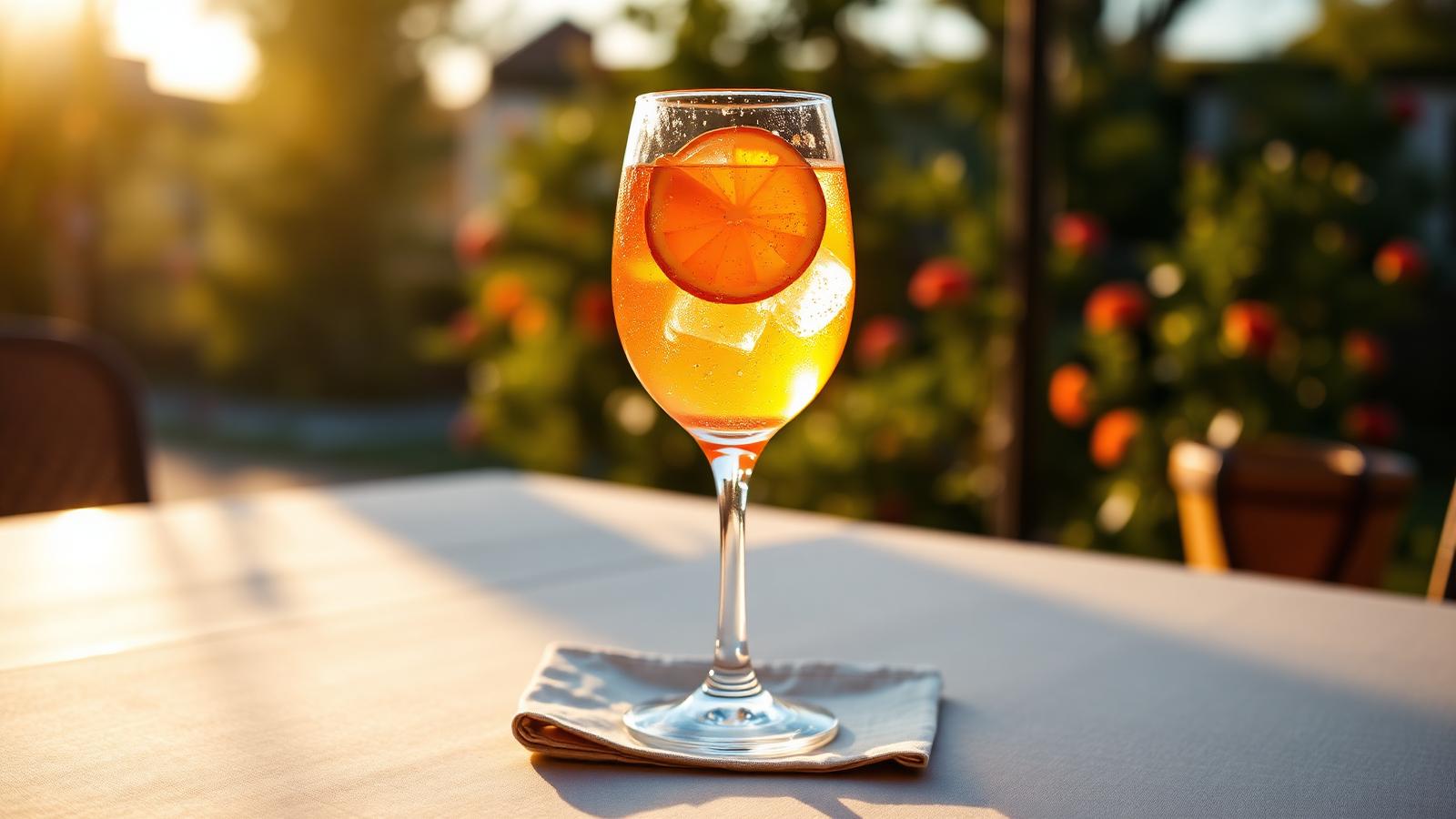 Iskyld Aperol Spritz i vinglas med apelsinskiva mot solnedgången