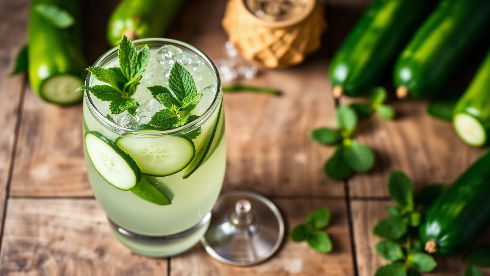 Iskyld gurkkylare med mynta i högt glas på sommarbord