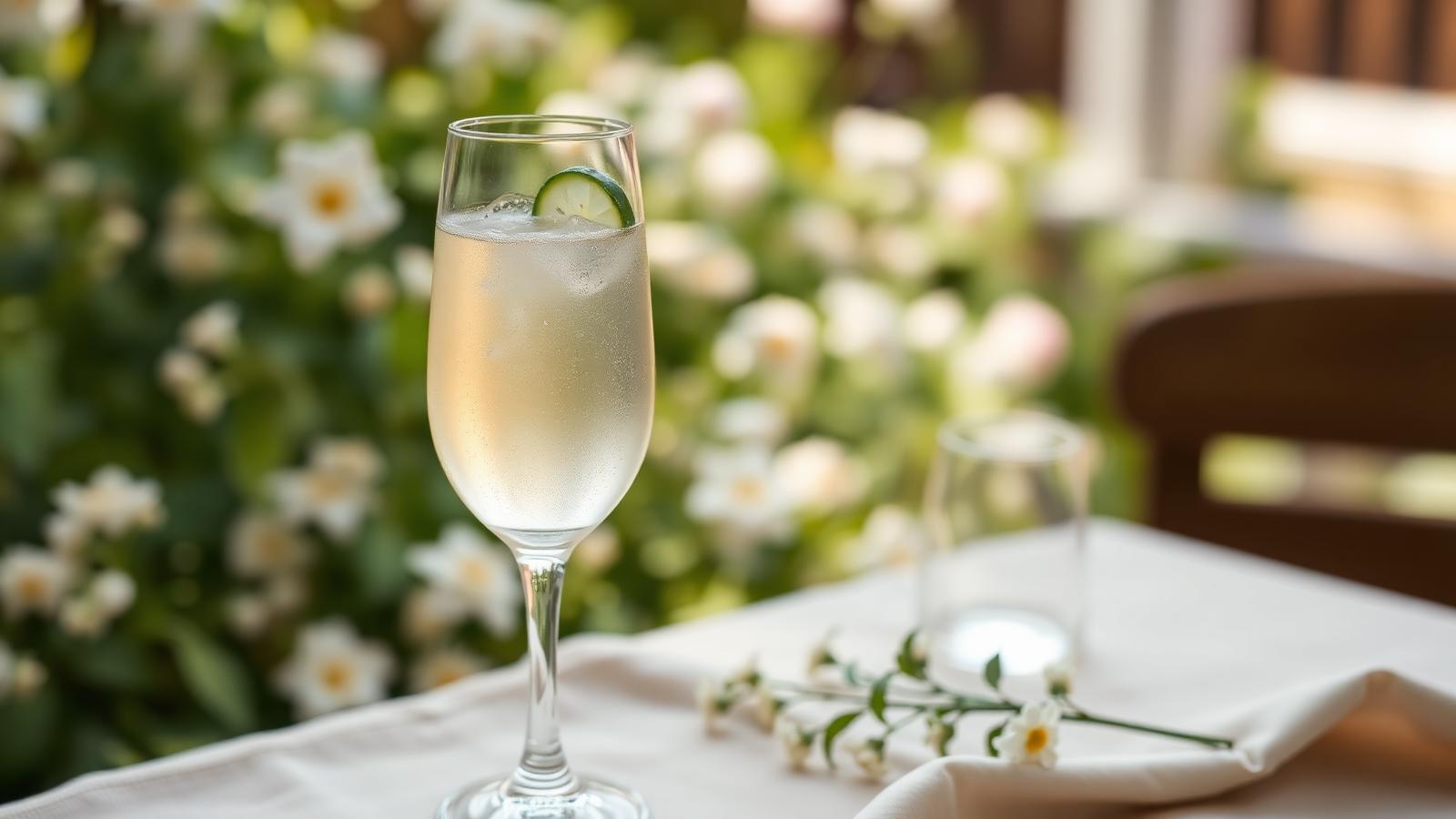 Elegant fläder-prosecco i champagneglas med gurkgarnering