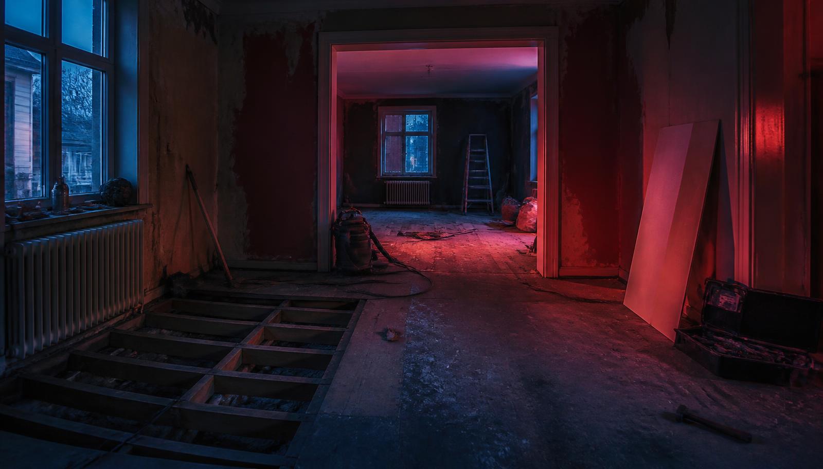 Rum under renovering med uppbrutet golv