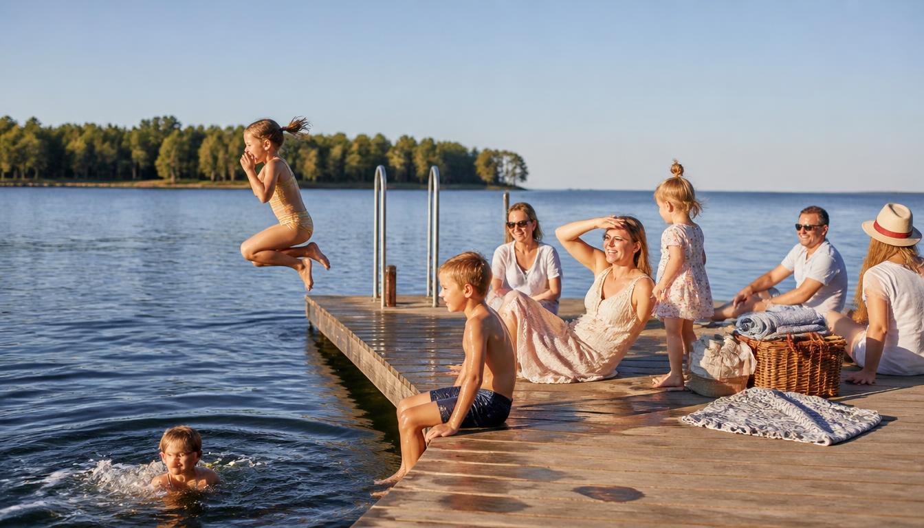 Familj och vänner njuter av sommarvärme vid en sjö i Sverige