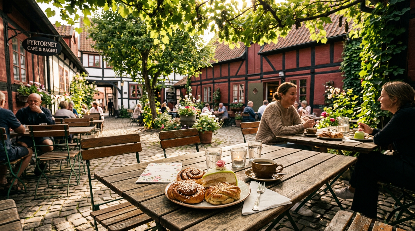 Innegårdskafé i Ystad med nybakade kanelbullar