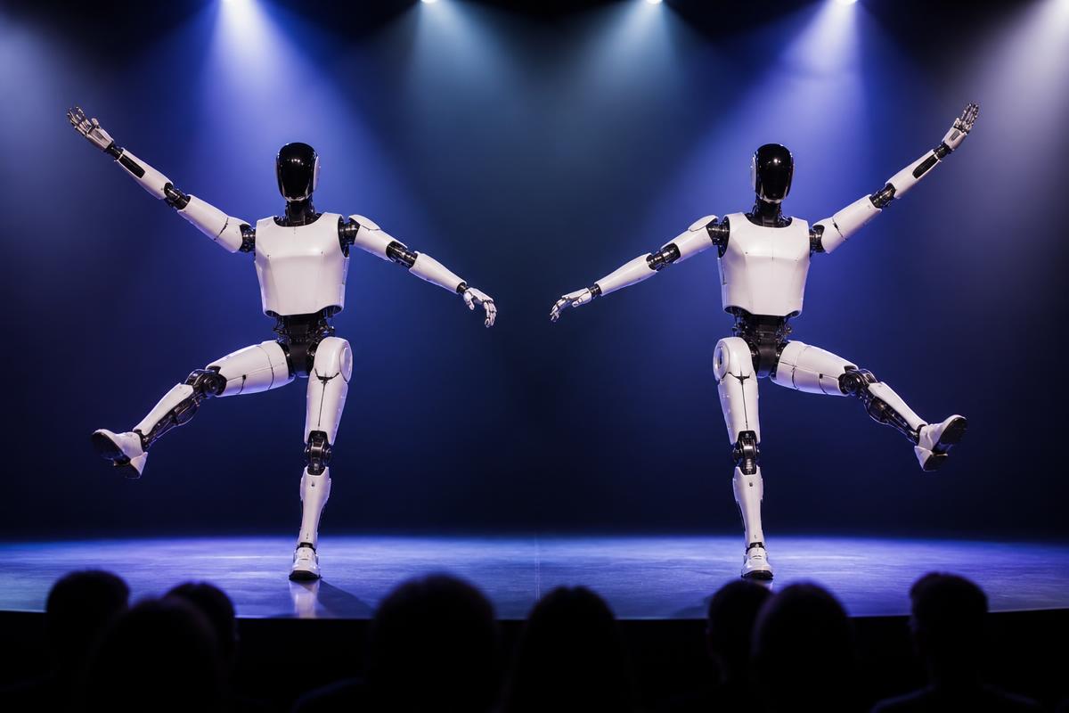 Två humanoida robotar dansar synkroniserat på en upplyst scen