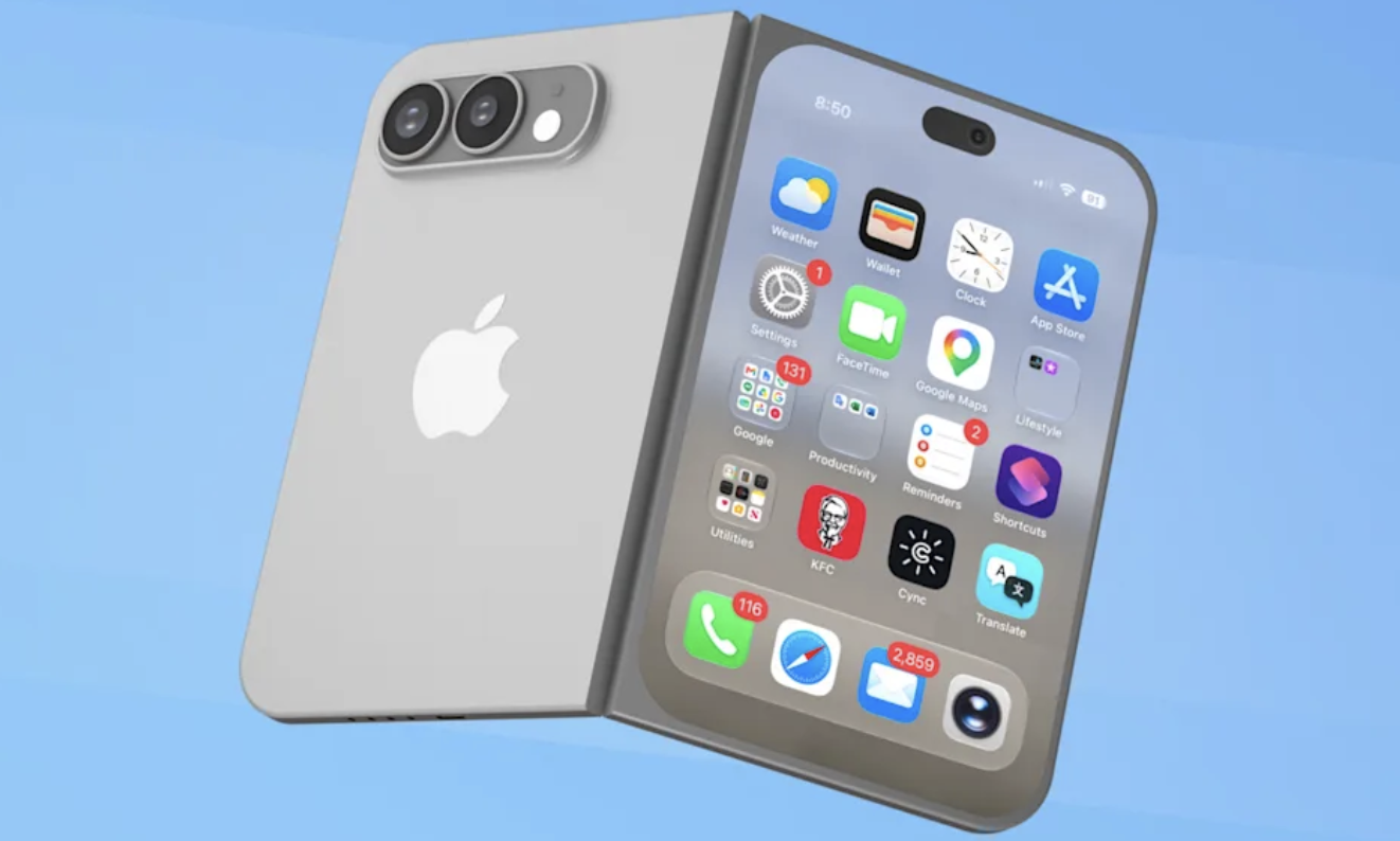 Vikbar iPhone-koncept sett från fram- och baksidan