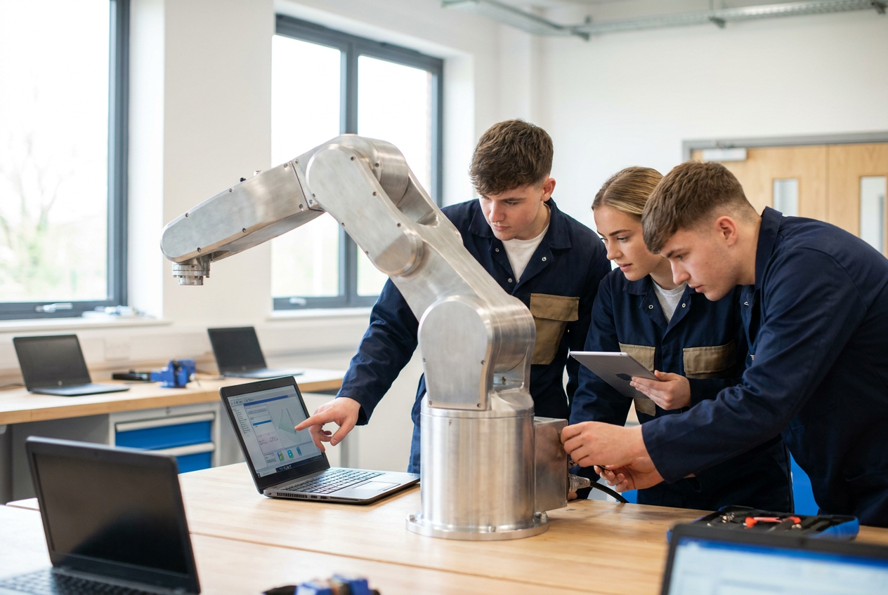 Lärlingar programmerar en robotarm i en yrkesskola
