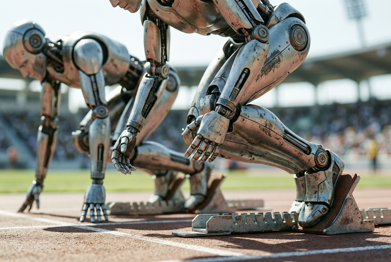 Två humanoida robotar i startblock på en löpbana