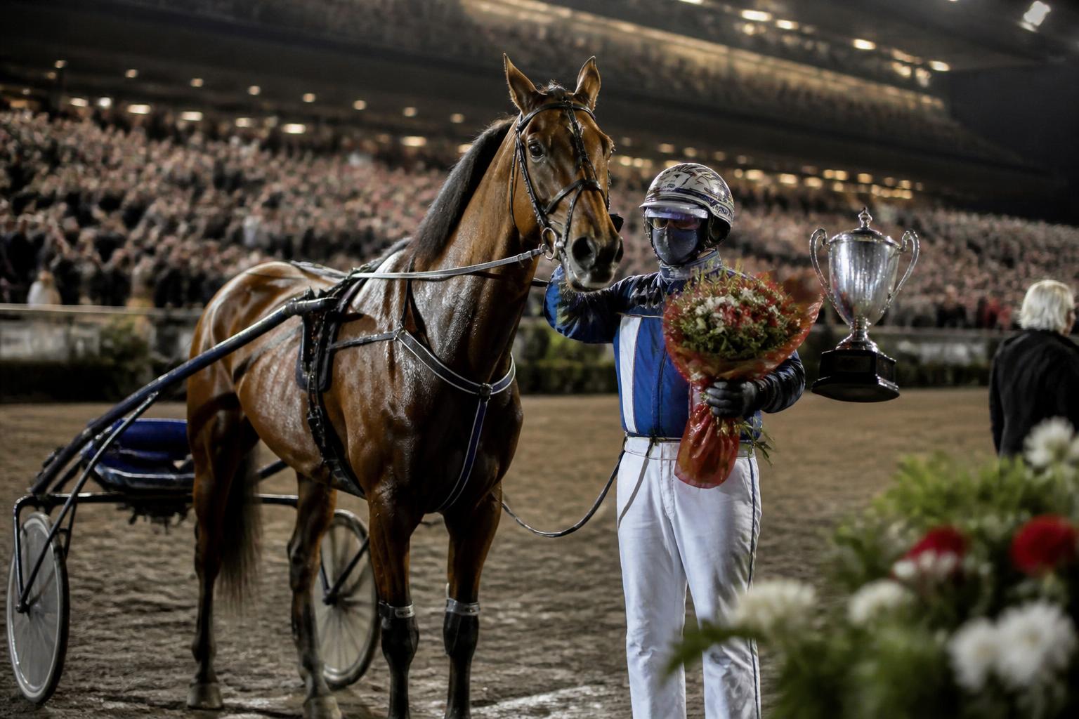 Segerceremoni med travhäst, sulky och kusk med pokal och blommor