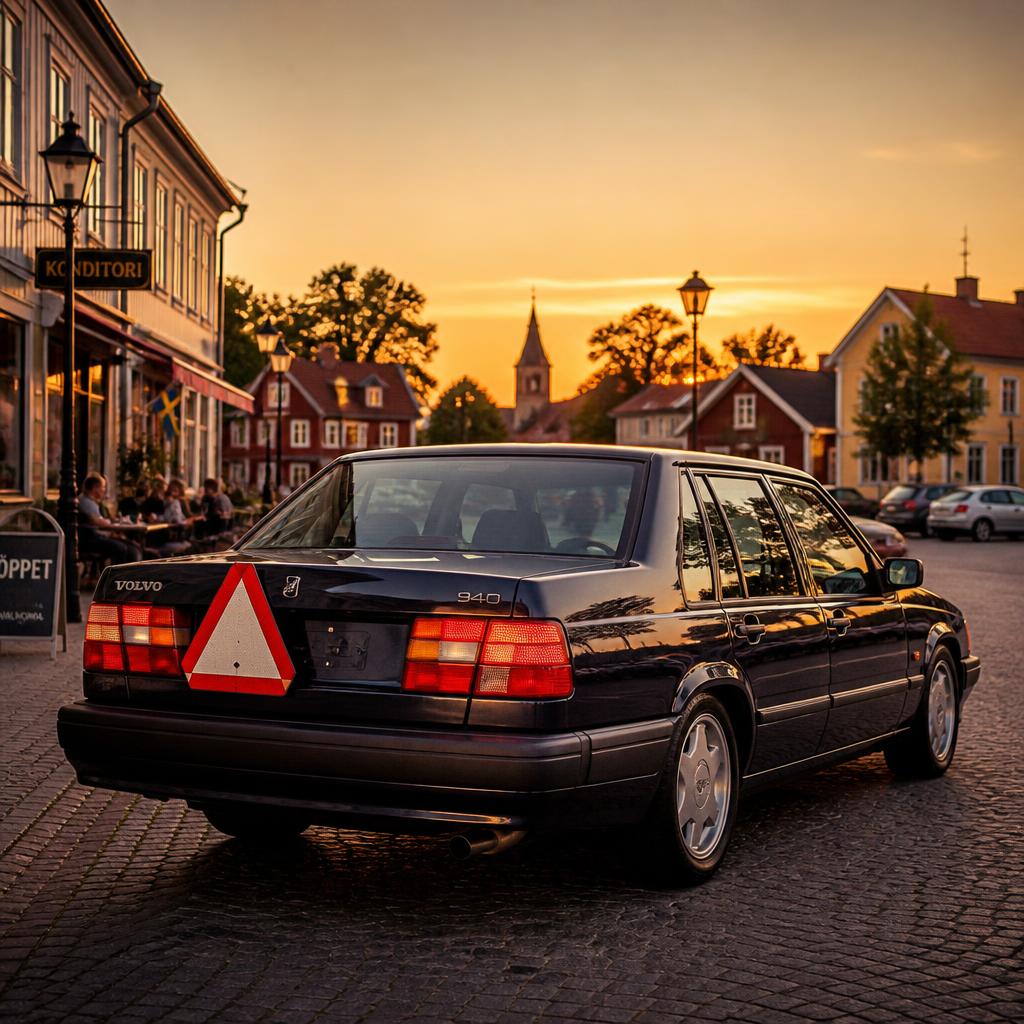 Renoverad Volvo A-traktor på ett torg i småstaden
