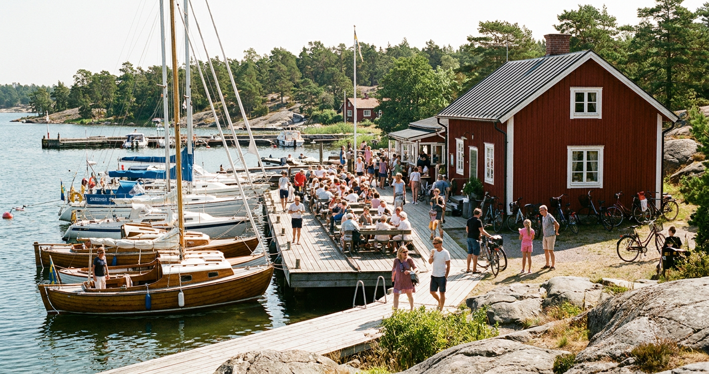 Gästhamnen på Utö med segelbåtar vid bryggan och människor som fikar