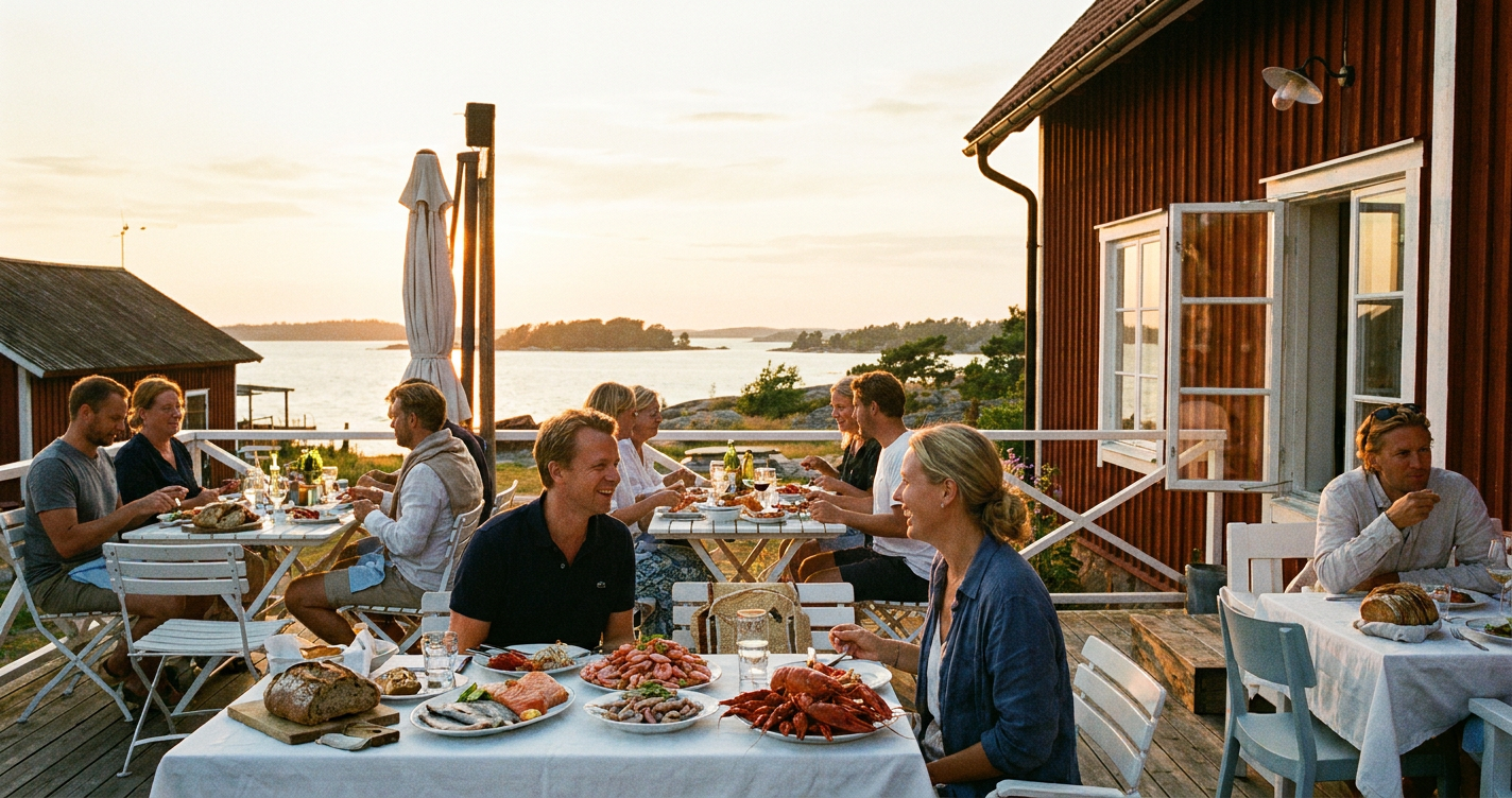 Dukat bord med skärgårdsmat och skaldjur i varmt kvällsljus