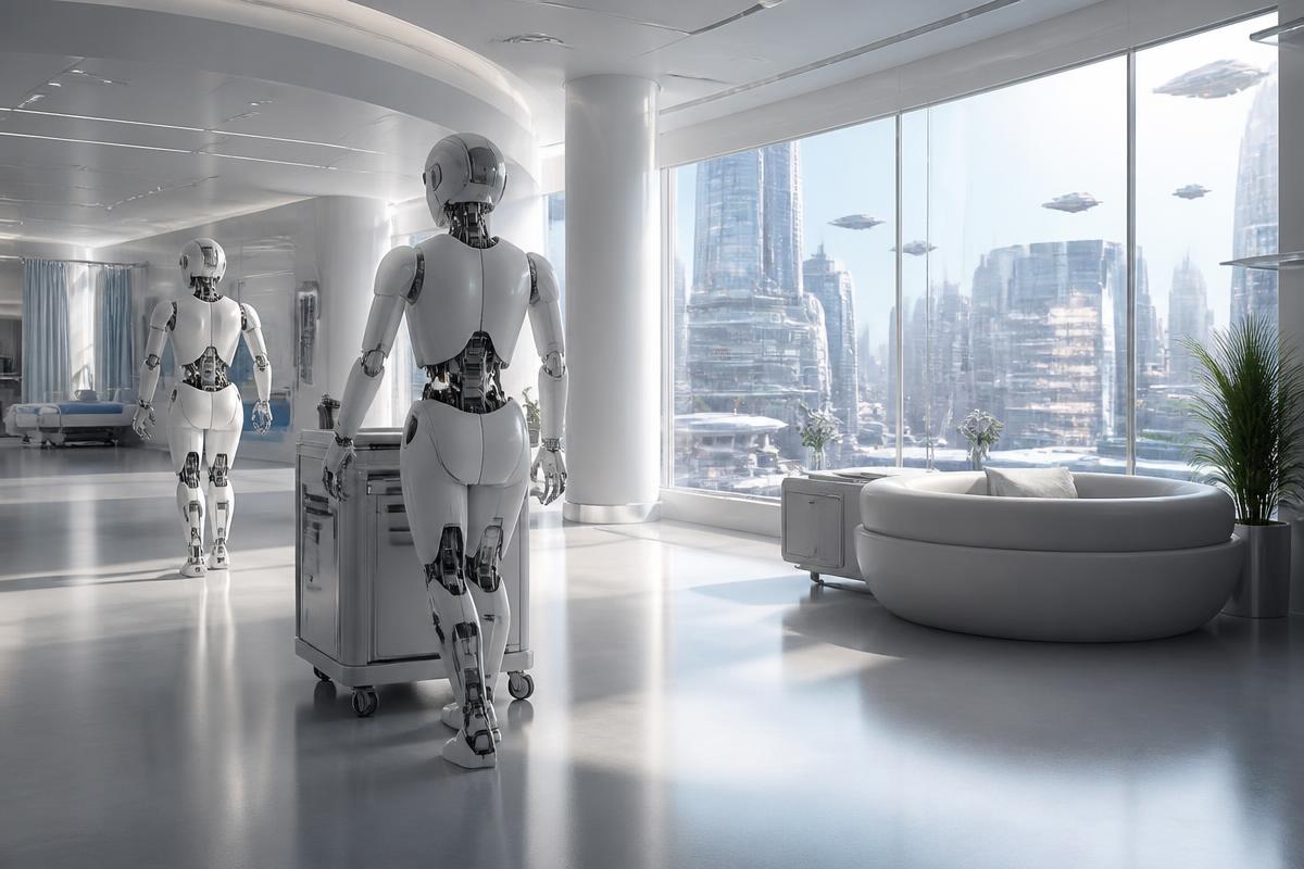 Ett futuristiskt sjukhus med robotar och en stad med flygande farkoster utanför fönstren