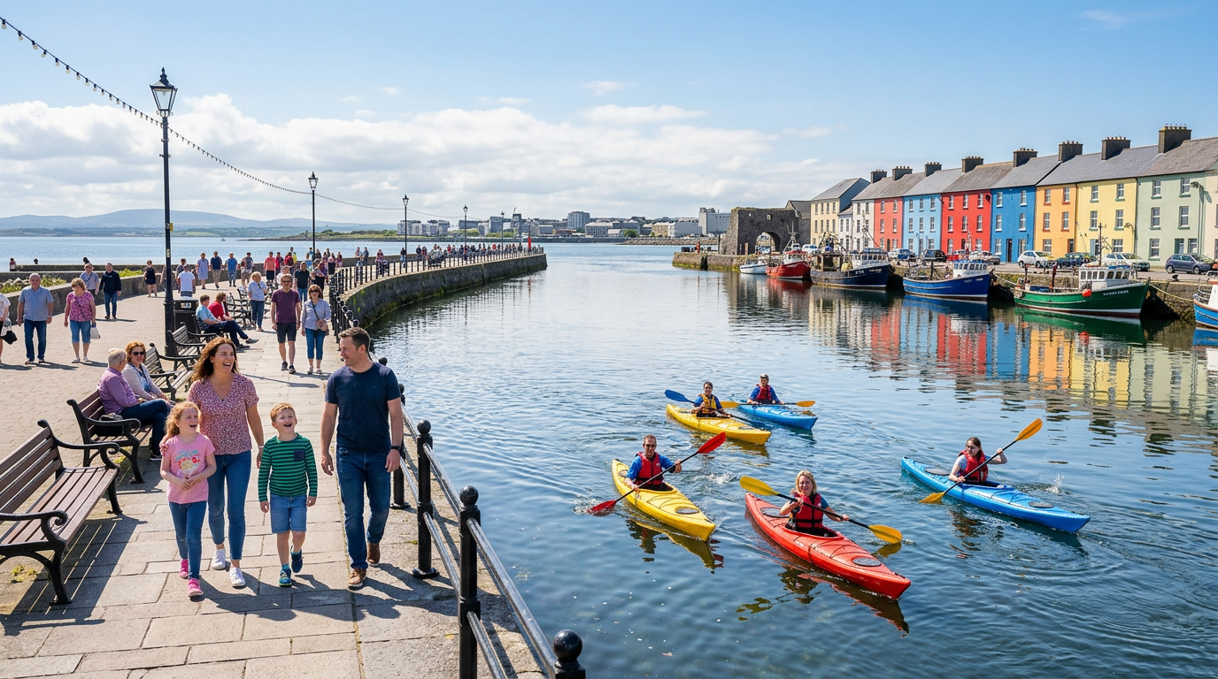Solig kustpromenad i Salthill med färgglada hus vid Corribs mynning