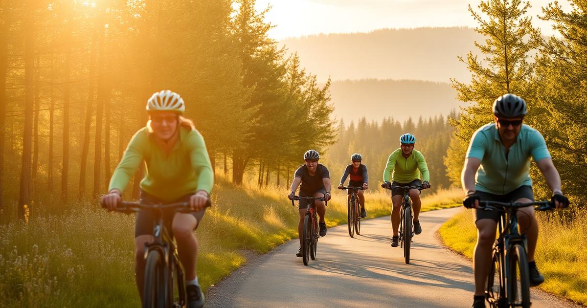 Motionscyklister cyklar på grusväg genom soligt sommargrönt skogslandskap i Dalarna