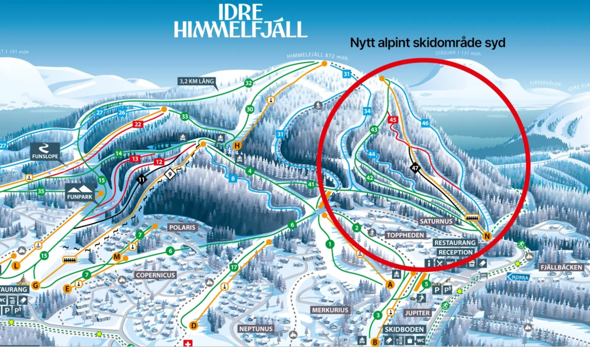 Pistkarta över Idre Himmelfjäll med det nya skidområdet syd utsatt