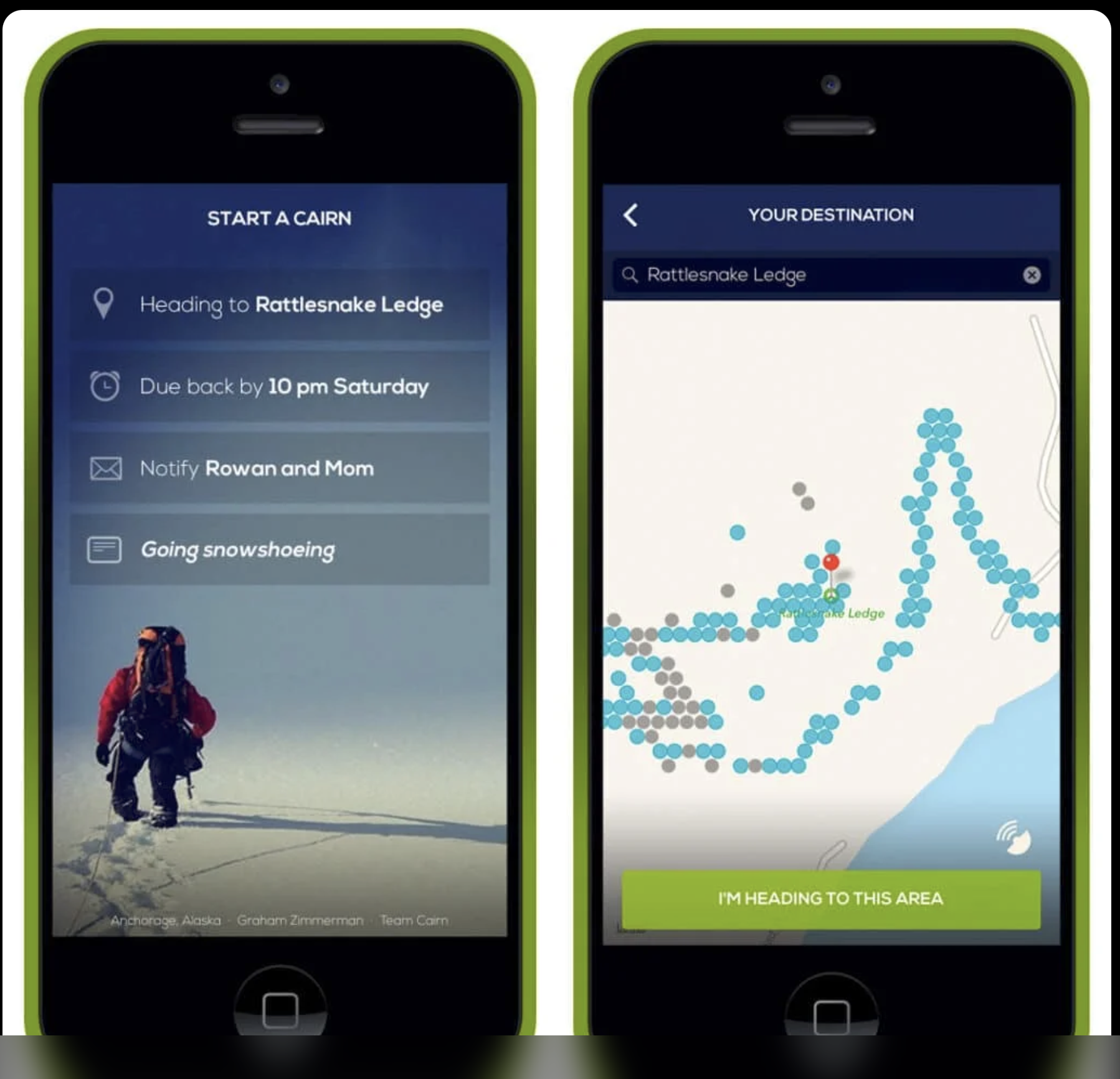 Säkerhetsappen Cairn med destination, återkomsttid och karta över mobiltäckning
