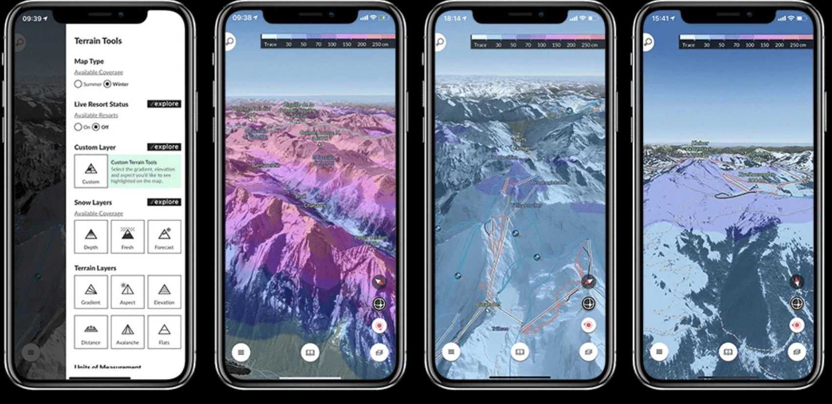 Fatmap visar 3D-kartor med terränglager för branthet, snödjup och lavinrisk